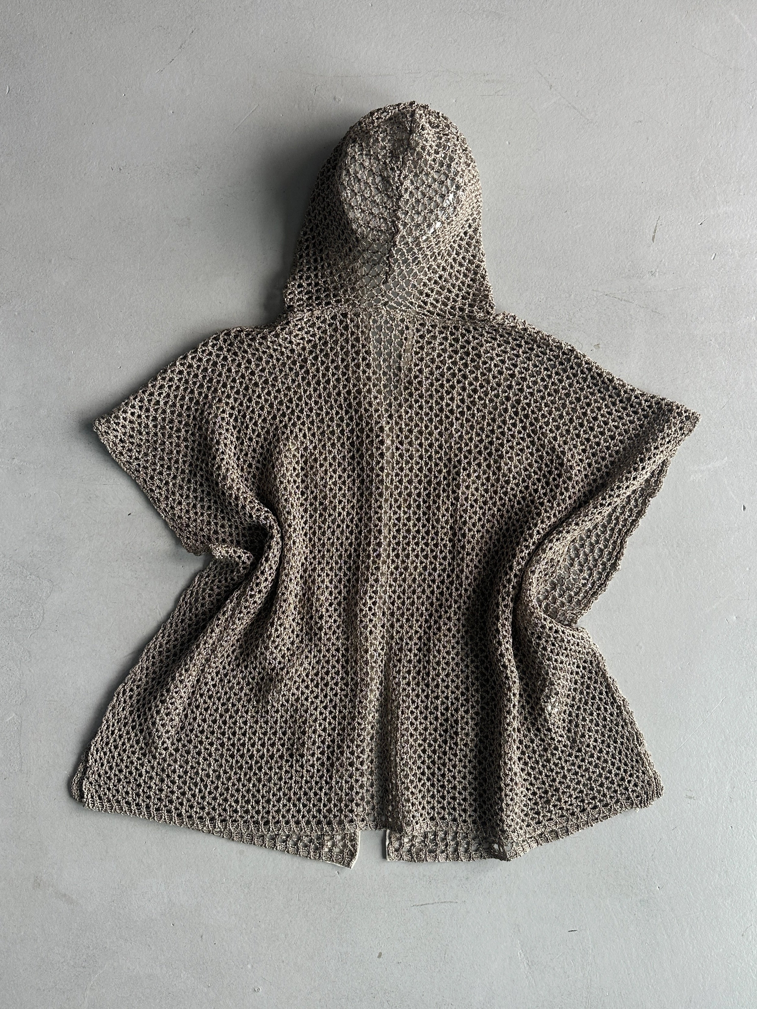 1990s OPEN KNIT HOODED CARDIGAN WITH LINEN DETAILS