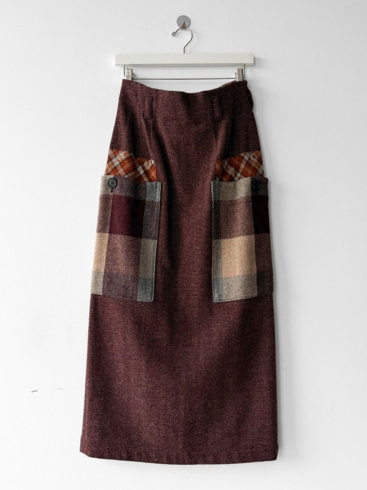 ISSEY MIYAKE HAI - 1980s MAXI WOOL SKIRT WITH CONTRASTING PLAID OVERSIZED POCKETS