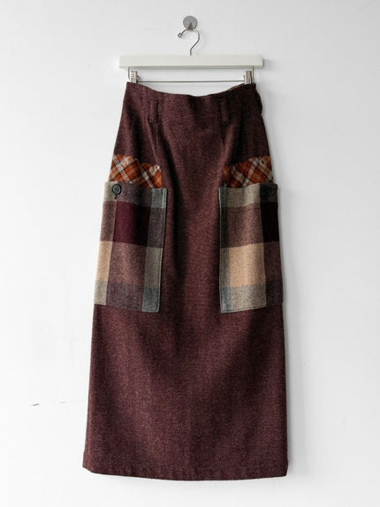ISSEY MIYAKE HAI - 1980s MAXI WOOL SKIRT WITH CONTRASTING PLAID OVERSIZED POCKETS