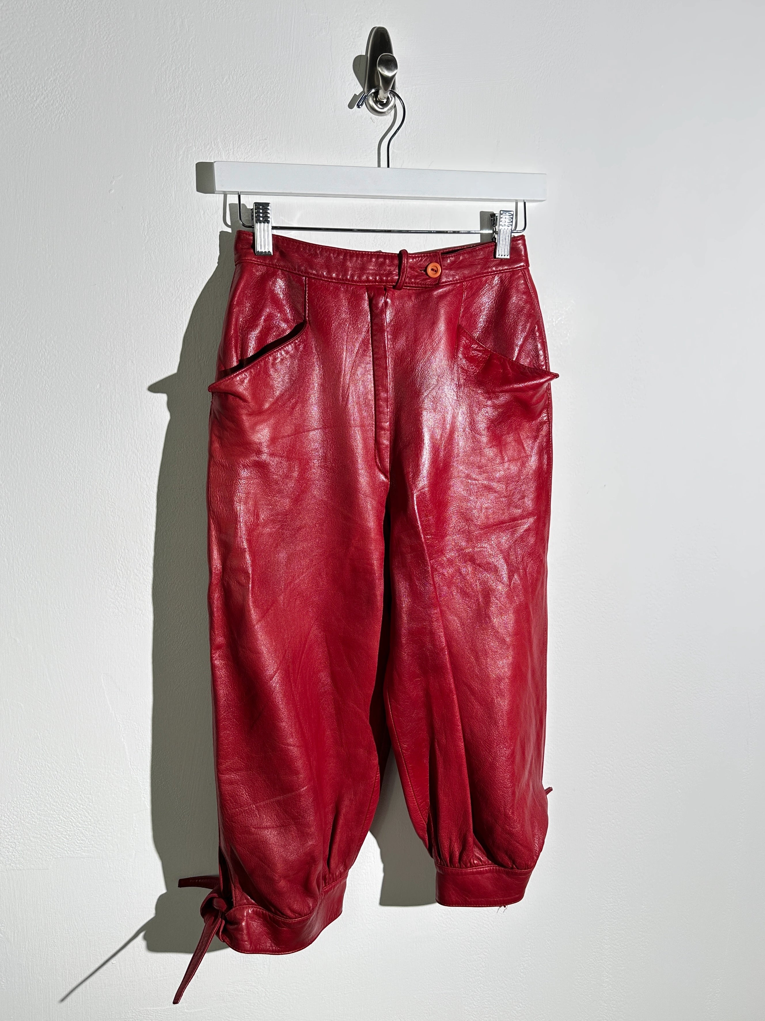 CERRUTI - 1980s CROPPED LEATHER TROUSERS WITH ANKLE TIE DETAILS