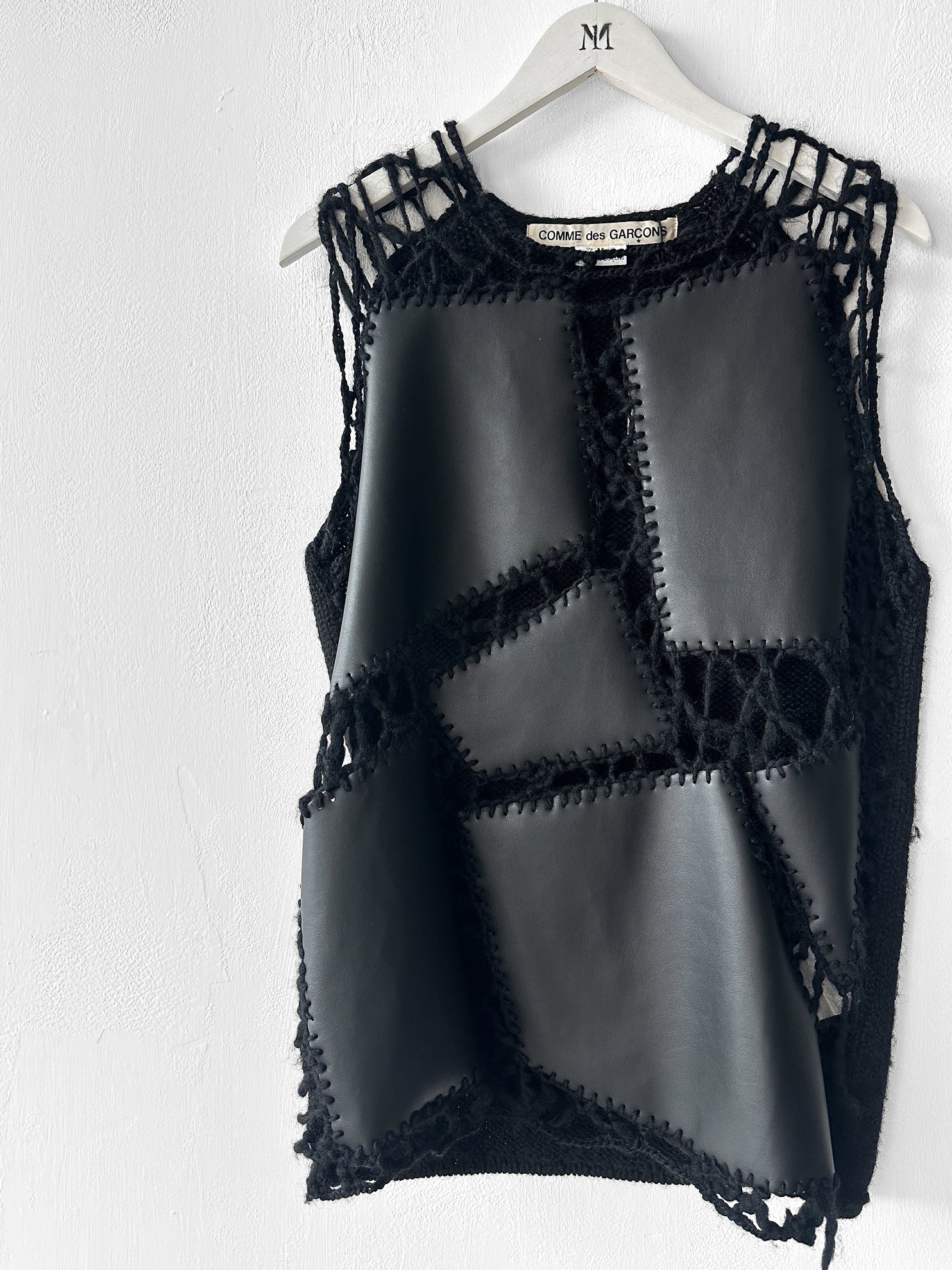 COMME DES GARÇONS - F/W 2024 DECONSTRUCTED CROCHET VEST TOP WITH FAUX LEATHER APPLIQUÉS