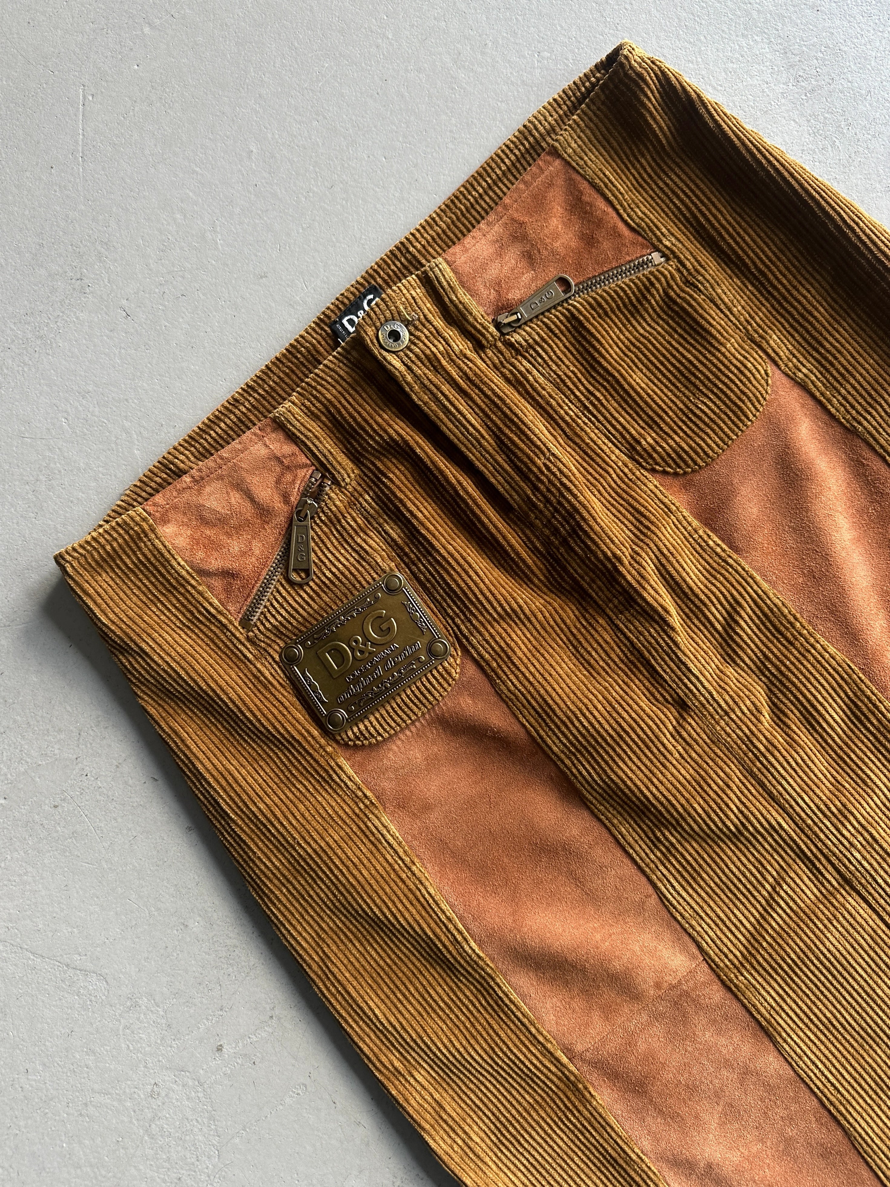 DOLCE & GABBANA - F/W 2002 PANELED CORDUROY AND SUEDE LONG SKIRT