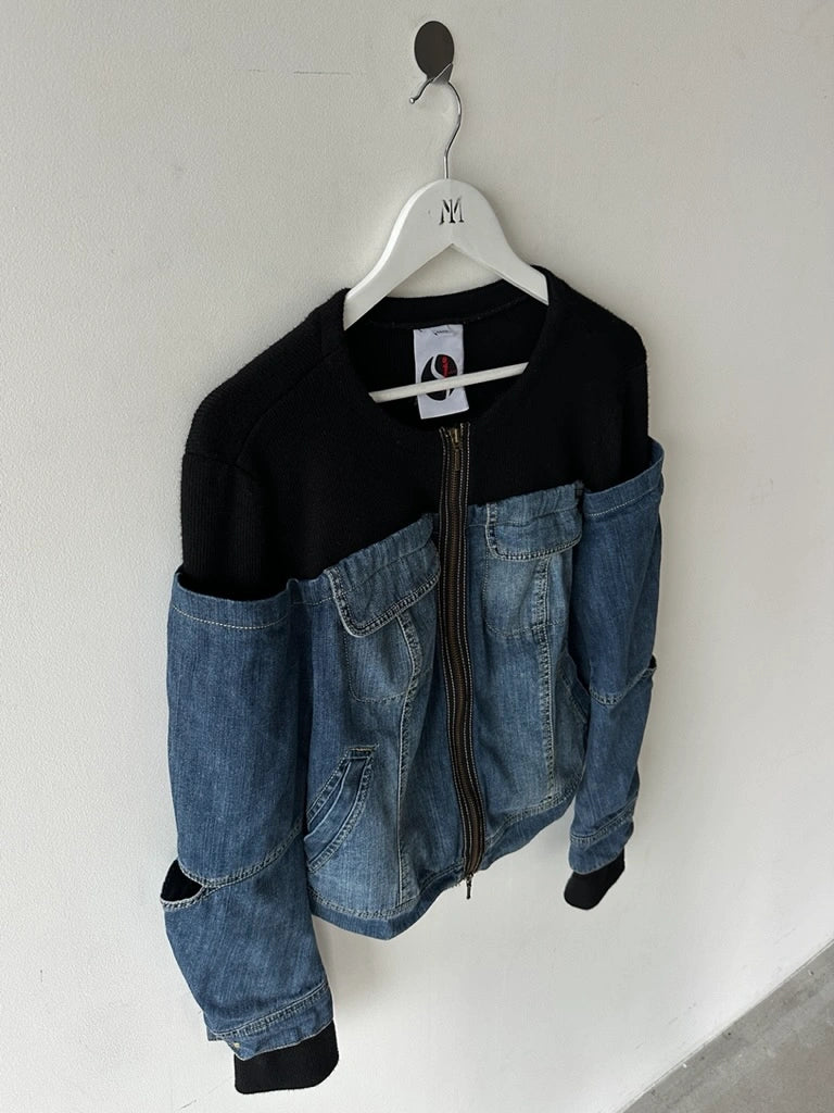 PLEIN SUD - early 2000s CROP FIT HYBRID DENIM JACKET WITH OPEN ELBOW SLITS