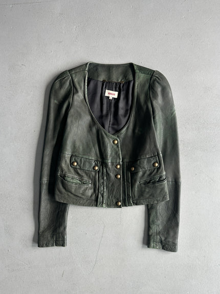 KENZO - 1990s SCOOP NECKLINE LEATHER JACKET