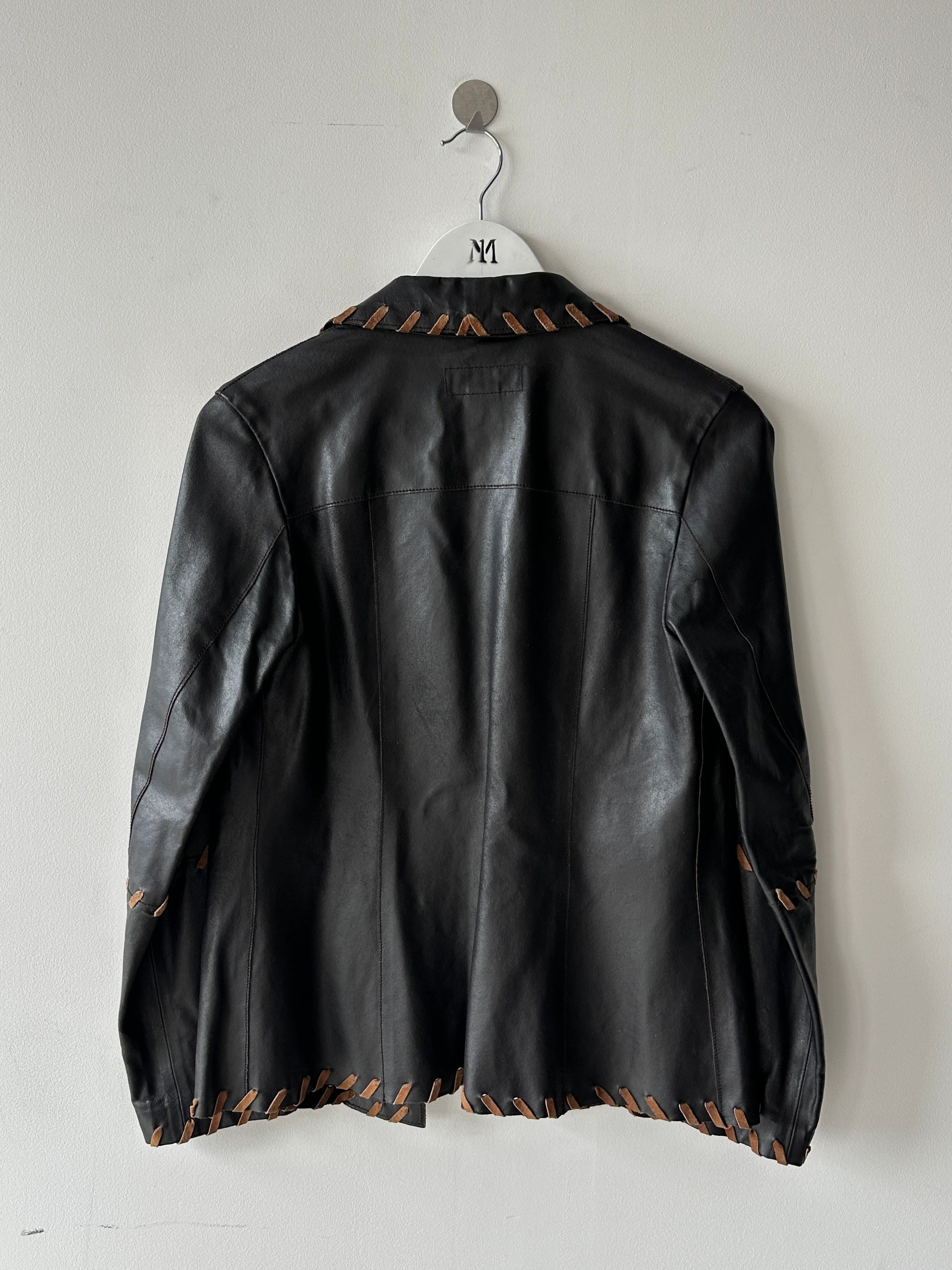 ITALIAN LABEL early 2000s OPEN FRONT LEATHER JACKET WITH WHIPSTITCH DETAILS