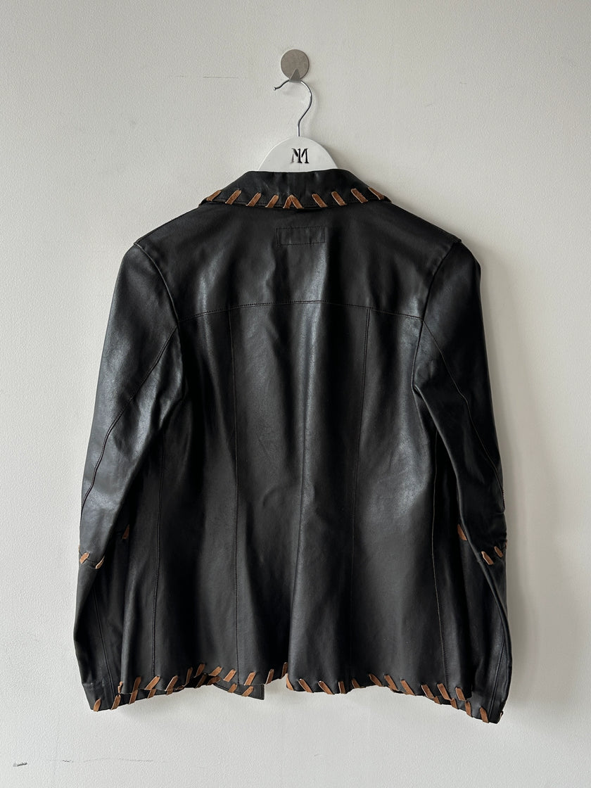 ITALIAN LABEL early 2000s OPEN FRONT LEATHER JACKET WITH WHIPSTITCH DETAILS