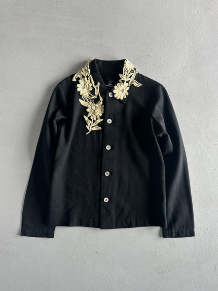 COMME DES GARÇONS - A/W 2002 WOOL JACKET WITH FLORAL ATTACHMENT AT COLLAR