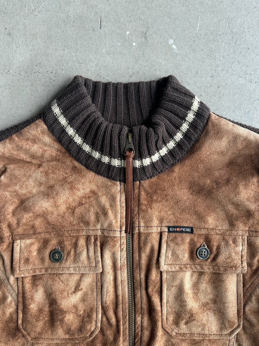 ENERGIE - 2000s SUEDE FRONT KNIT ZIPPED CARDIGAN
