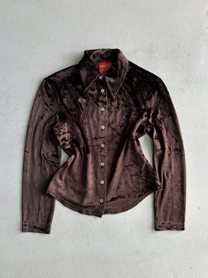KENZO - 1980s CROP FIT VELVET SHIRT WITH POINTED COLLAR