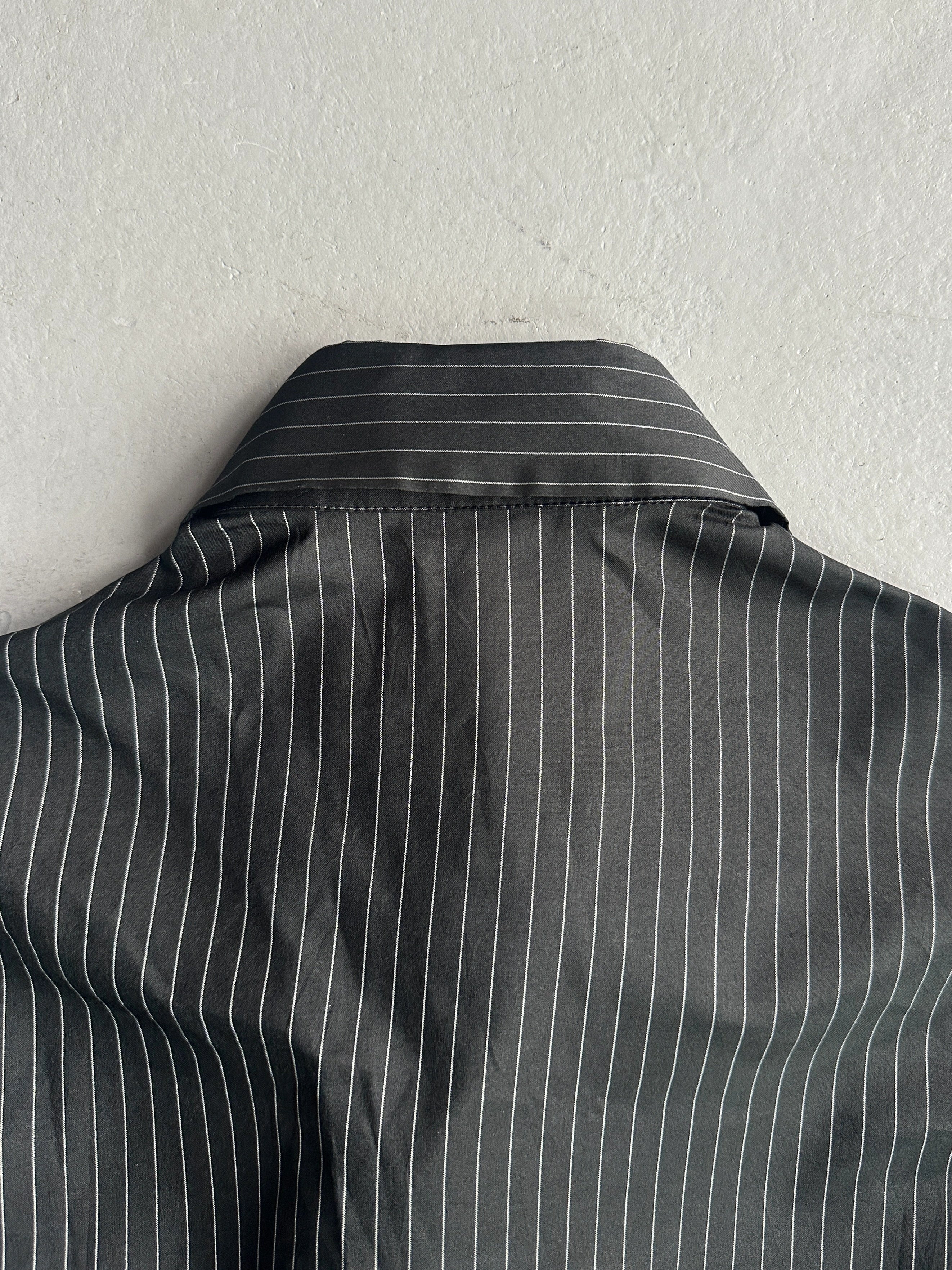 YOHJI YAMAMOTO - S/S 2003 PINSTRIPED SILK SHIRT WITH FLORAL RUFFLE DETAIL AT FRONT