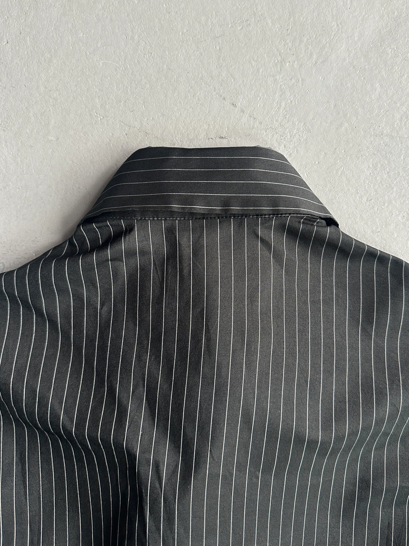 YOHJI YAMAMOTO - S/S 2003 PINSTRIPED SILK SHIRT WITH FLORAL RUFFLE DETAIL AT FRONT