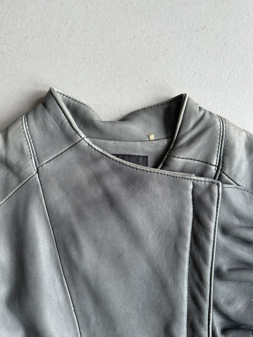 ELIE TAHARI - 2000s ASYMMETRIC RUCHED FRONT LEATHER JACKET