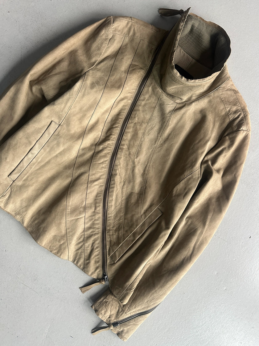 EMPORIO ARMANI - A/W 2011 ASYMMETRICAL ZIP FUNNEL NECK COLLAR CALF LEATHER JACKET