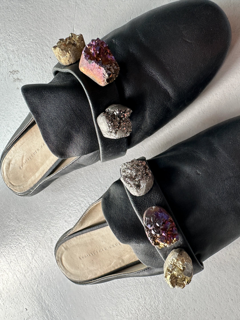CHRISTOPHER KANE - S/S 2017 LEATHER SLIP ON MULES WITH OVERSIZED CRYSTALS