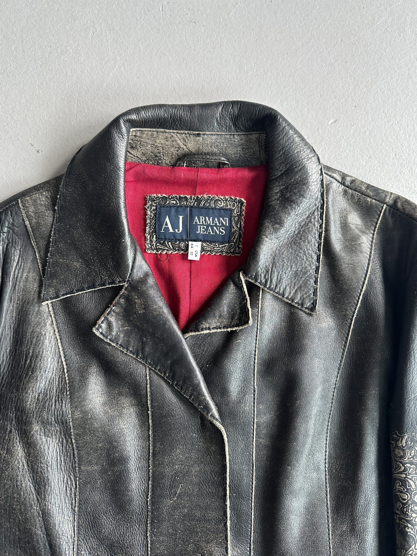 ARMANI JEANS - 1990s DISTRESSED LEATHER ORNAMENTAL PRINTS JACKET