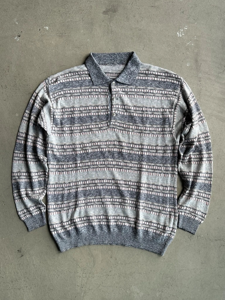 1980s JACQUARD PRINT POLO KNIT LONG SLEEVE TOP