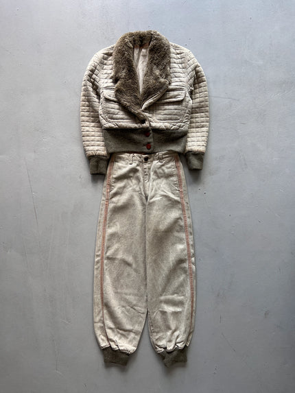 ARMANI – 1980s SAMPLE QUILTED JACKET & PANTS SET WITH FAUX FUR COLLAR