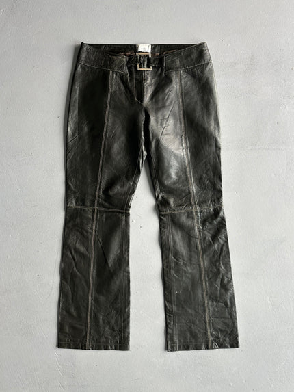 ICEBERG - 2000s FLARED LEG LEATHER TROUSERS WITH FRONT BUCKLE