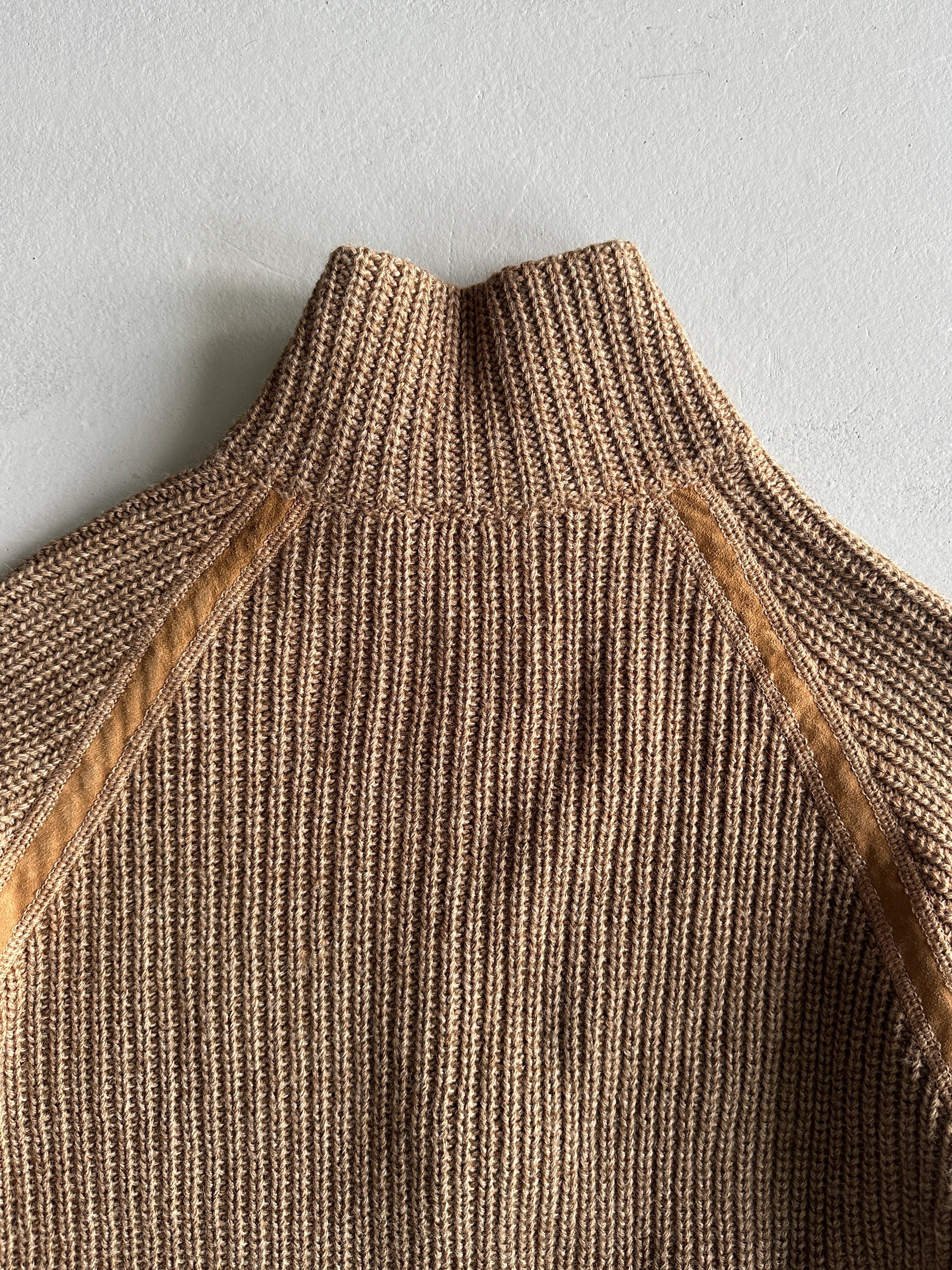 1980s CHUNKY KNIT ZIPPED CARDIGAN WITH SUEDE DETAILS