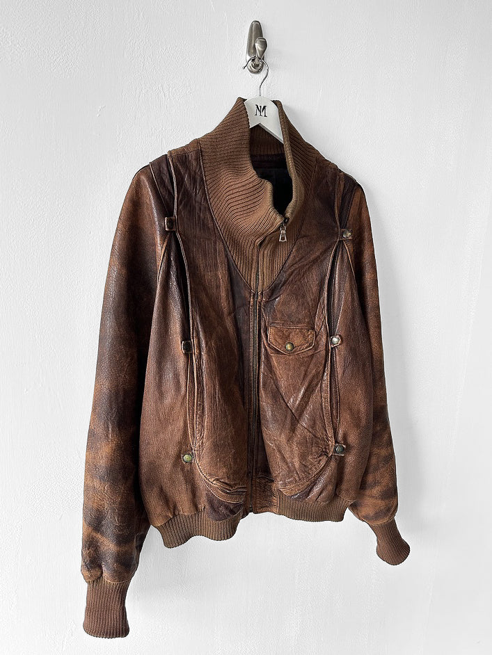 MARITHÉ & FRANÇOIS GIRBAUD X COMPAGNIE DES MONTAGNES & DES FORÊTS - 1980s DISTRESSED LEATHER BOMBER JACKET WITH HIGH RIBBED NECK