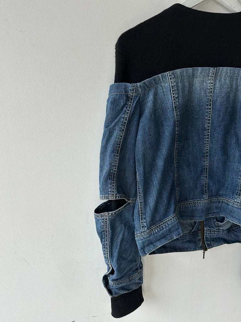 PLEIN SUD - early 2000s CROP FIT HYBRID DENIM JACKET WITH OPEN ELBOW SLITS