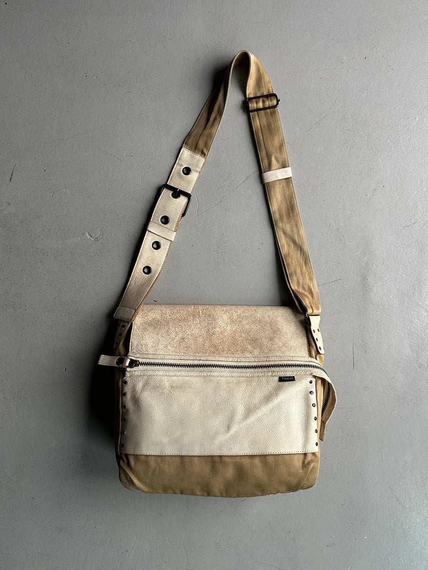 YOHJI YAMAMOTO Y'SACCS - 1990s RECTANGULAR MESSENGER BAG WITH DISTRESSED LEATHER FRONT PANEL