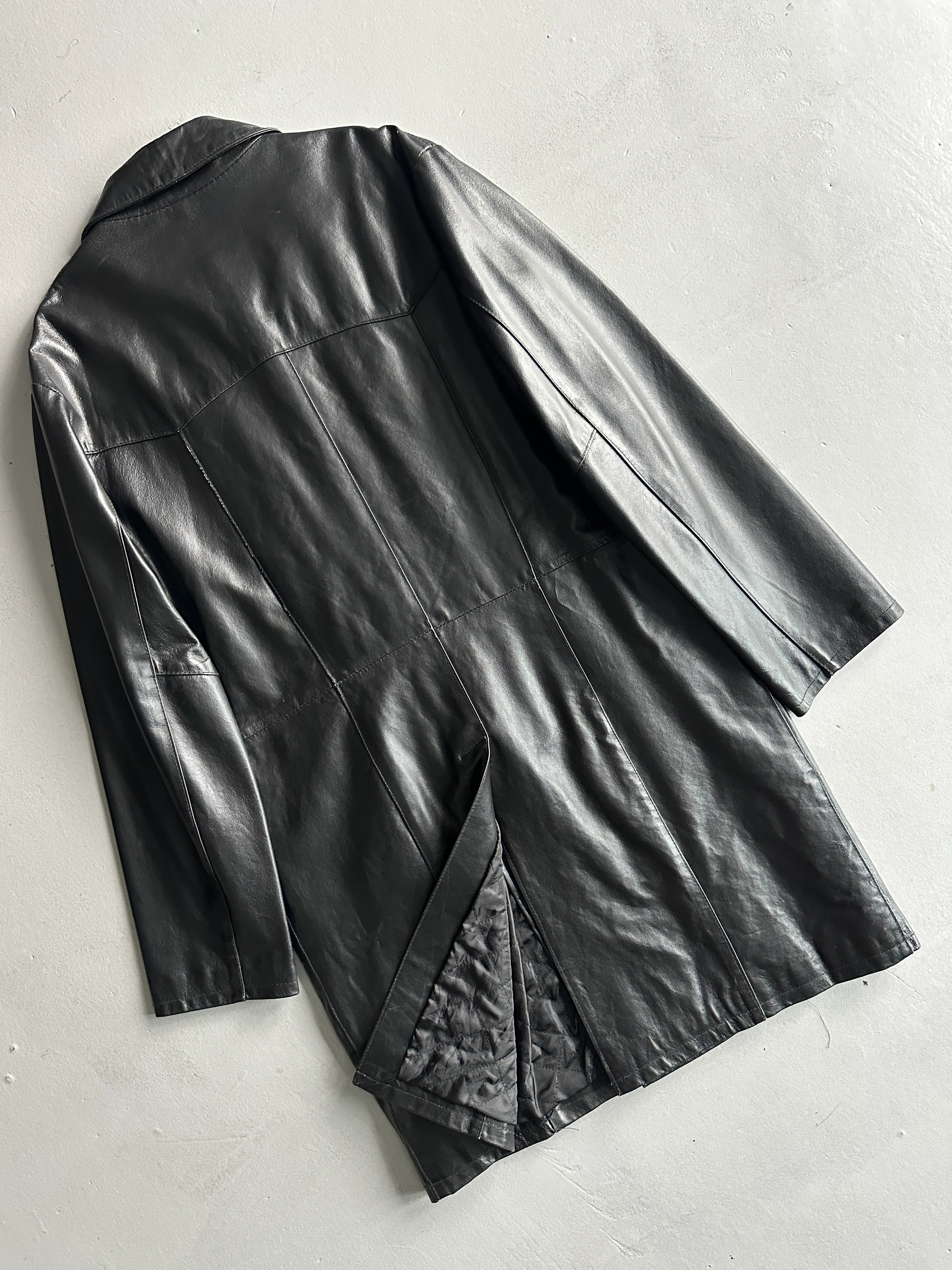 1990s MIDI LENGHT LEATHER COAT WITH CONTRASTING BUTTONS