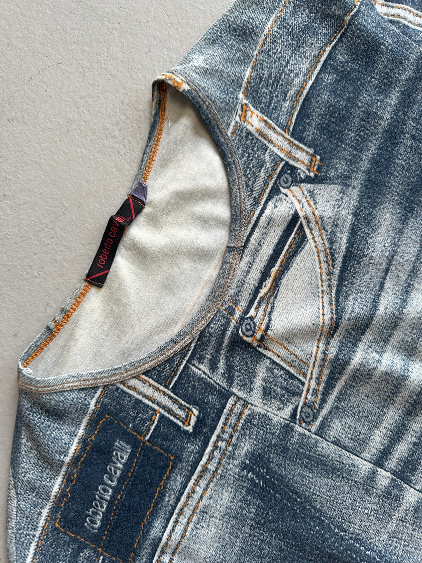 ROBERTO CAVALLI - 2000s DENIM PRINT LONG SLEEVE TOP