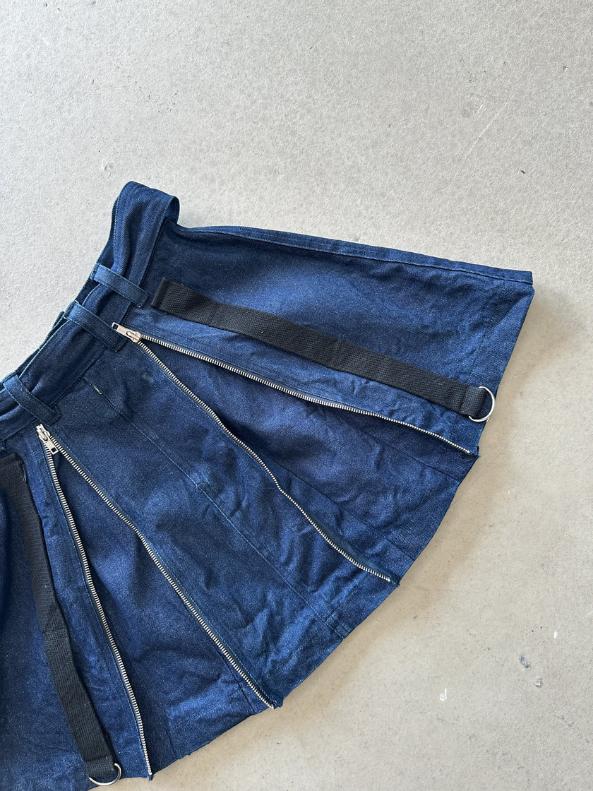1990s DOUBLE FLAPPY LAYERED BONDAGE MULTI ZIP DENIM SKIRT