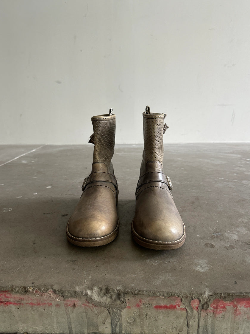 BIKKEMBERGS - 2000s PERFORATED DISTRESSED LEATHER ANKLE BOOTS
