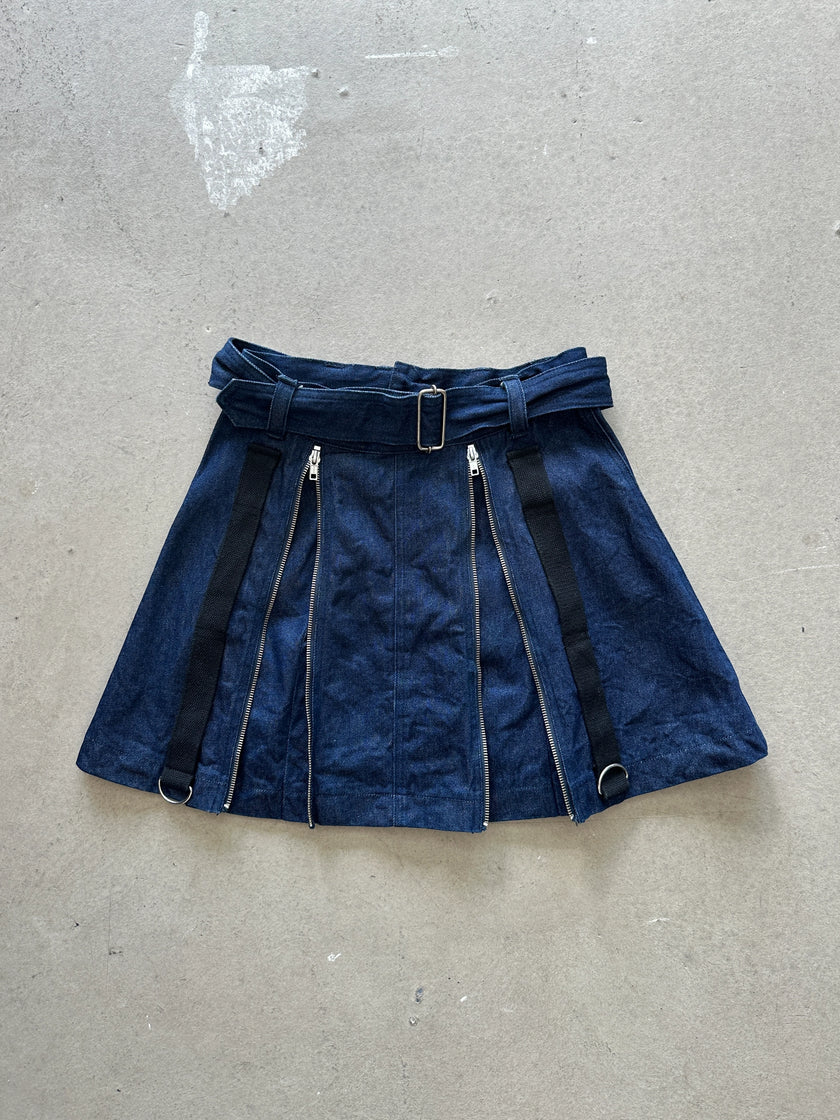 1990s DOUBLE FLAPPY LAYERED BONDAGE MULTI ZIP DENIM SKIRT