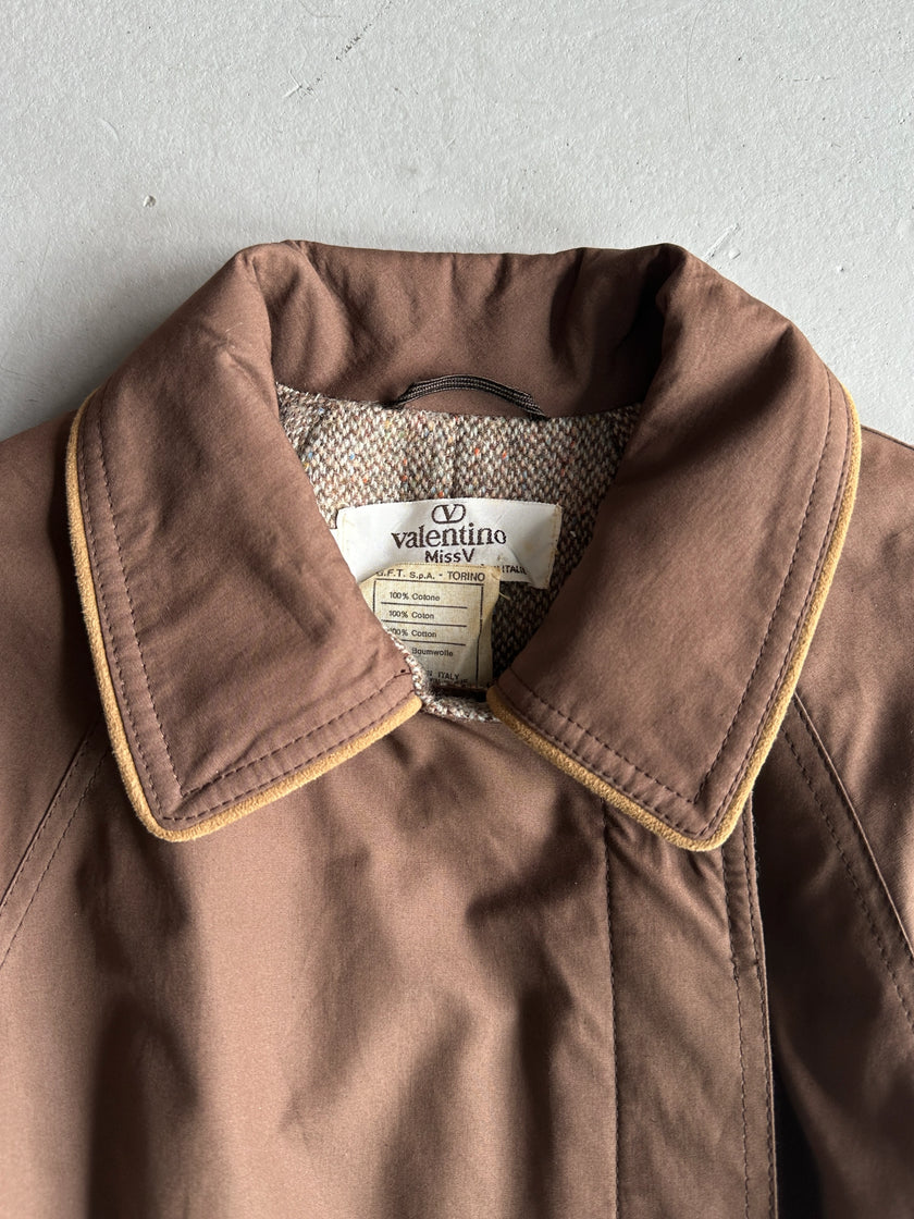 VALENTINO - 1980s BELTED TRENCH COAT WITH CONTRASTING TWEED INTERIOR