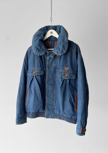 EMPORIO ARMANI 1980s DENIM AVIATOR JACKET WITH SHEARLING INTERIOR