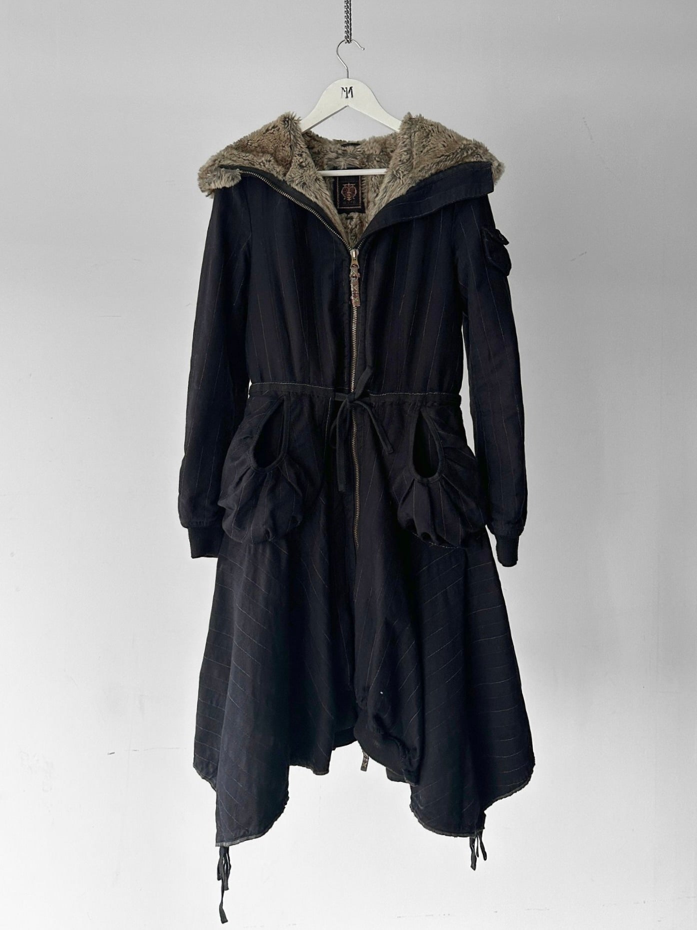 MARITHÉ + FRANÇOIS GIRBAUD - F/W 2005 LONG PINSTRIPE JACKET WITH FAUX FUR HOOD