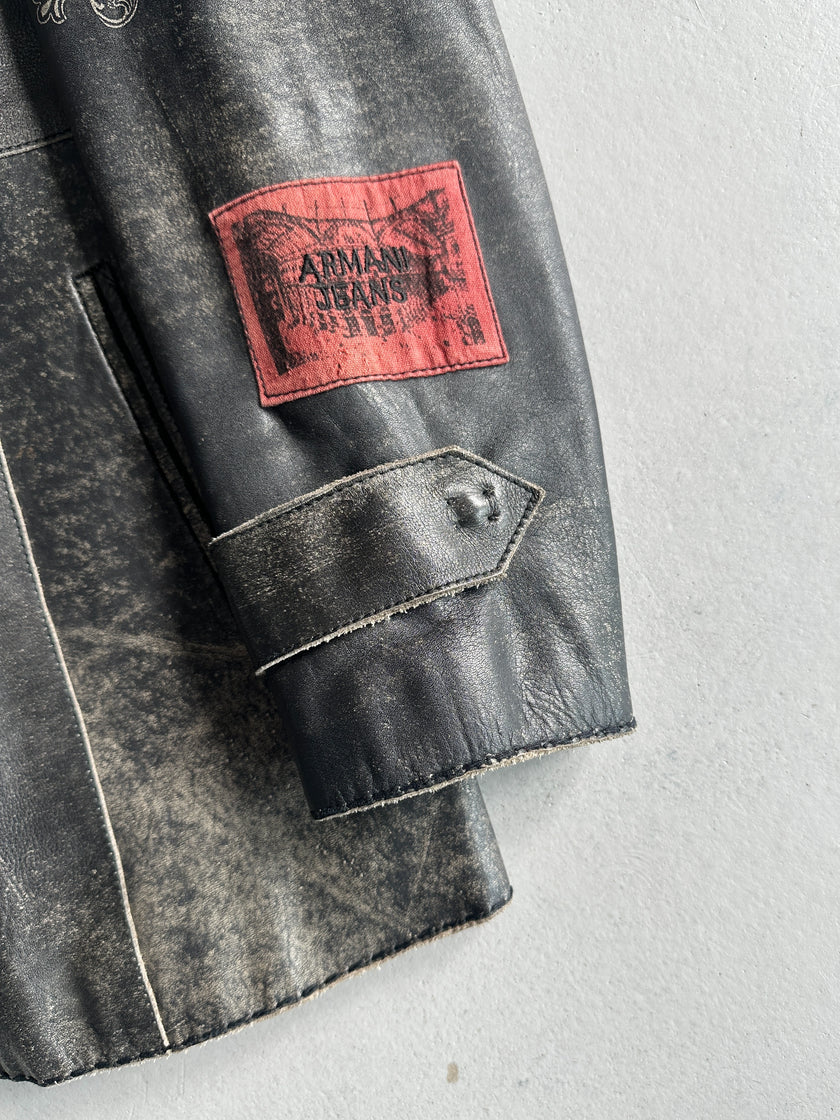 ARMANI JEANS - 1990s DISTRESSED LEATHER ORNAMENTAL PRINTS JACKET