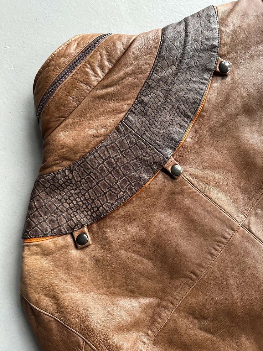 1990s PANELED BOMBER LEATHER JACKET WITH CROCODILE PRINT YOKE