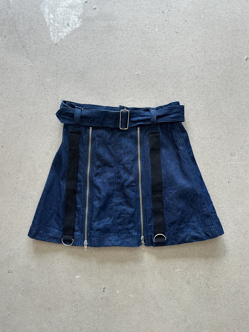 1990s DOUBLE FLAPPY LAYERED BONDAGE MULTI ZIP DENIM SKIRT