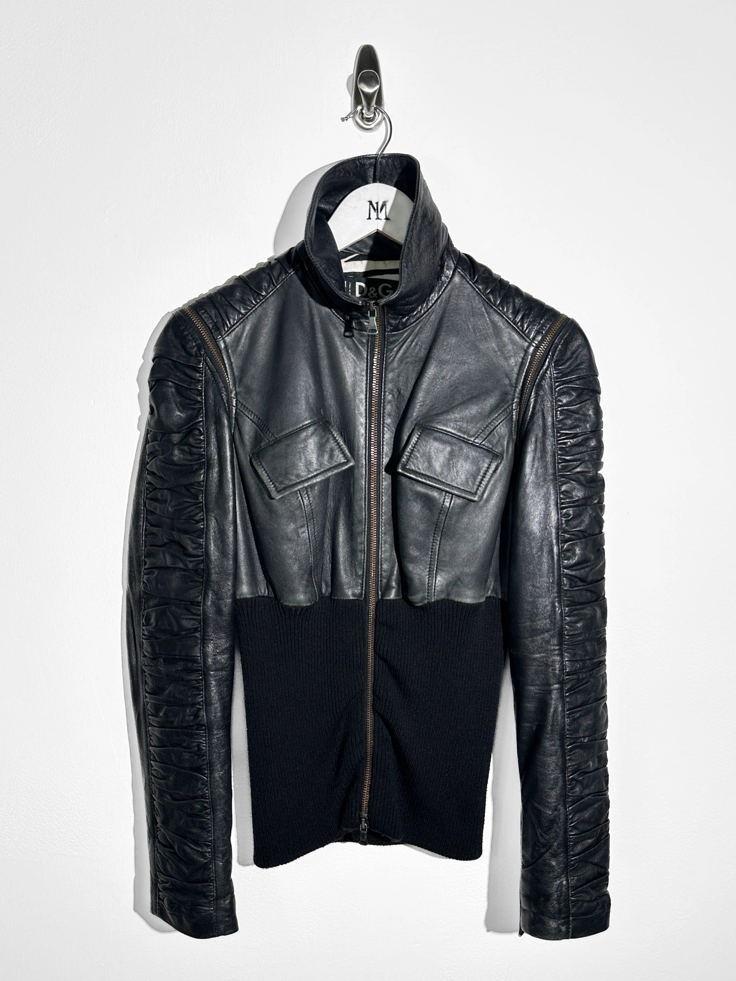 DOLCE & GABBANA - S/S 2003 2 IN 1 LEATHER JACKET WITH PANELED WAIST AND ZIP OFF SLEEVE