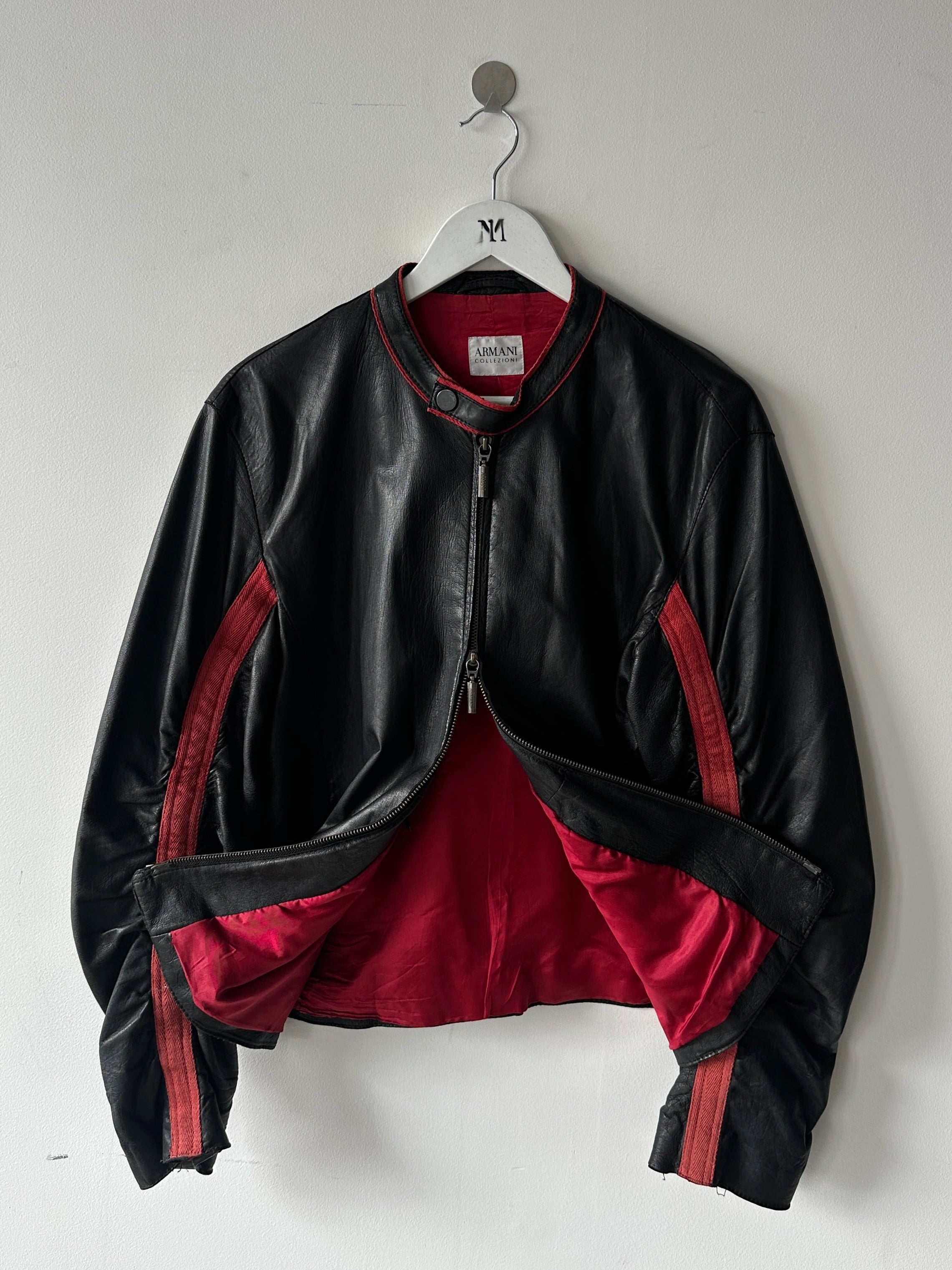 ARMANI COLLEZIONI - 1990s BIKER LEATHER JACKET WITH CURVED SLEEVE