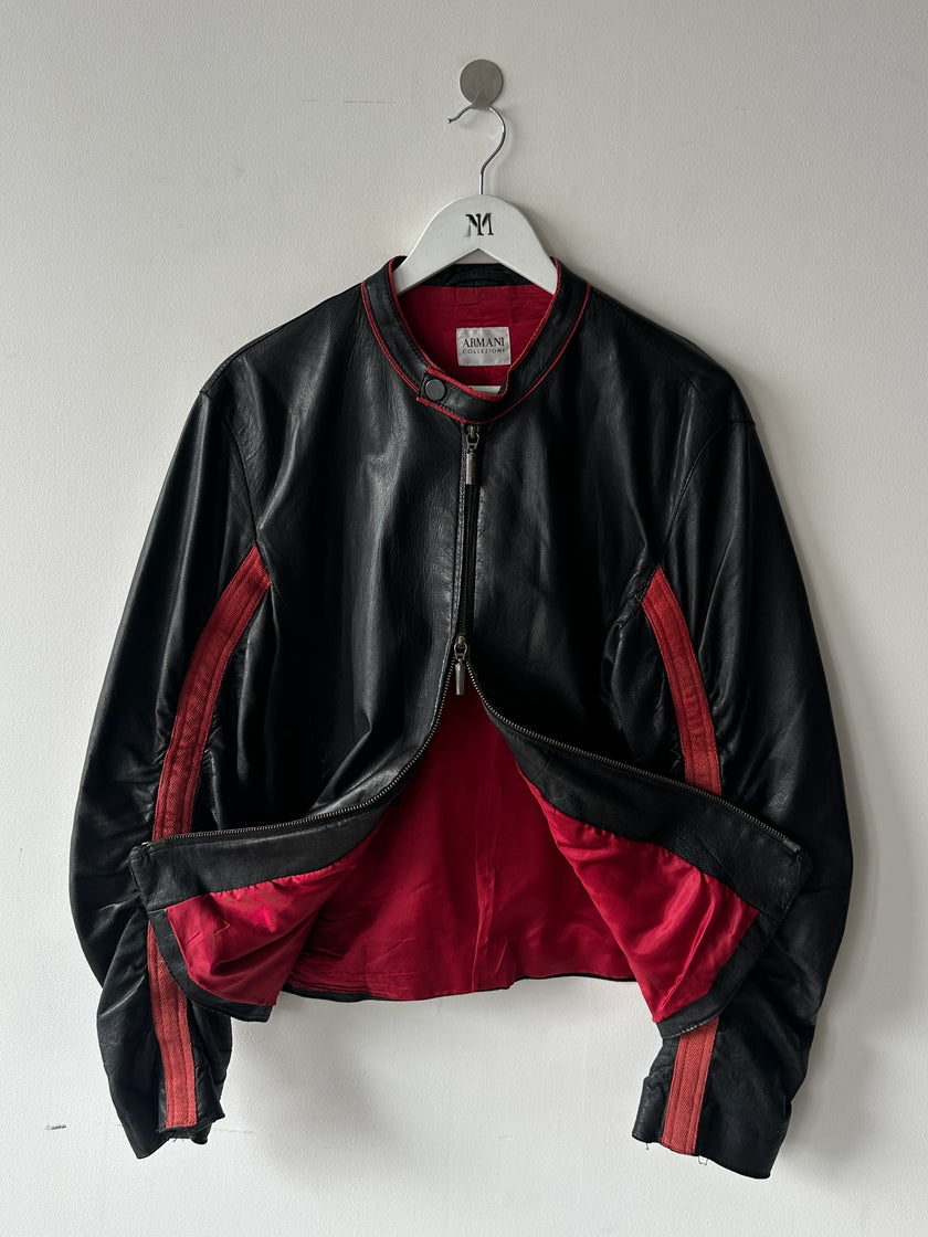 ARMANI COLLEZIONI - 1990s BIKER LEATHER JACKET WITH CURVED SLEEVE