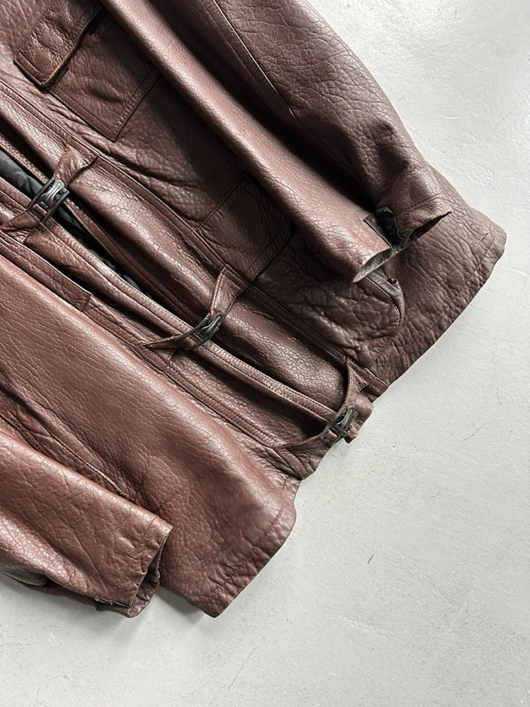 MARITHÉ + FRANÇOIS GIRBAUD X COMPAGNIE DES MONTAGNES & DES FORETS - 1980s FUR COLLAR LEATHER MIDI JACKET WITH METAL HOOKS FRONT CLOSURE