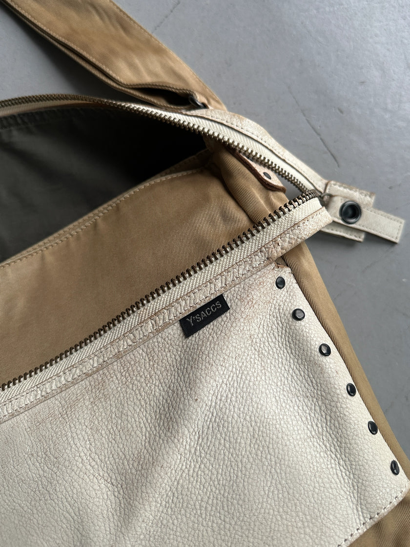 YOHJI YAMAMOTO Y'SACCS - 1990s RECTANGULAR MESSENGER BAG WITH DISTRESSED LEATHER FRONT PANEL