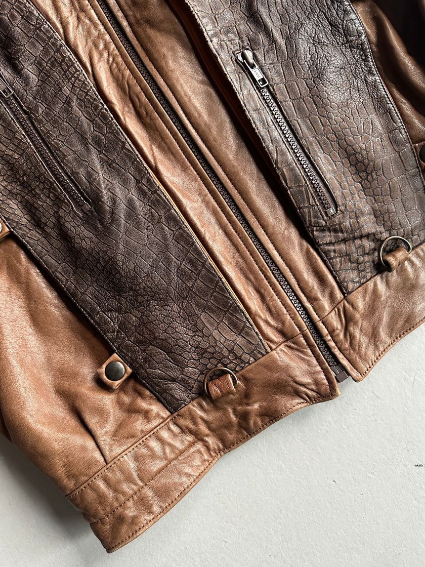 1990s PANELED BOMBER LEATHER JACKET WITH CROCODILE PRINT YOKE