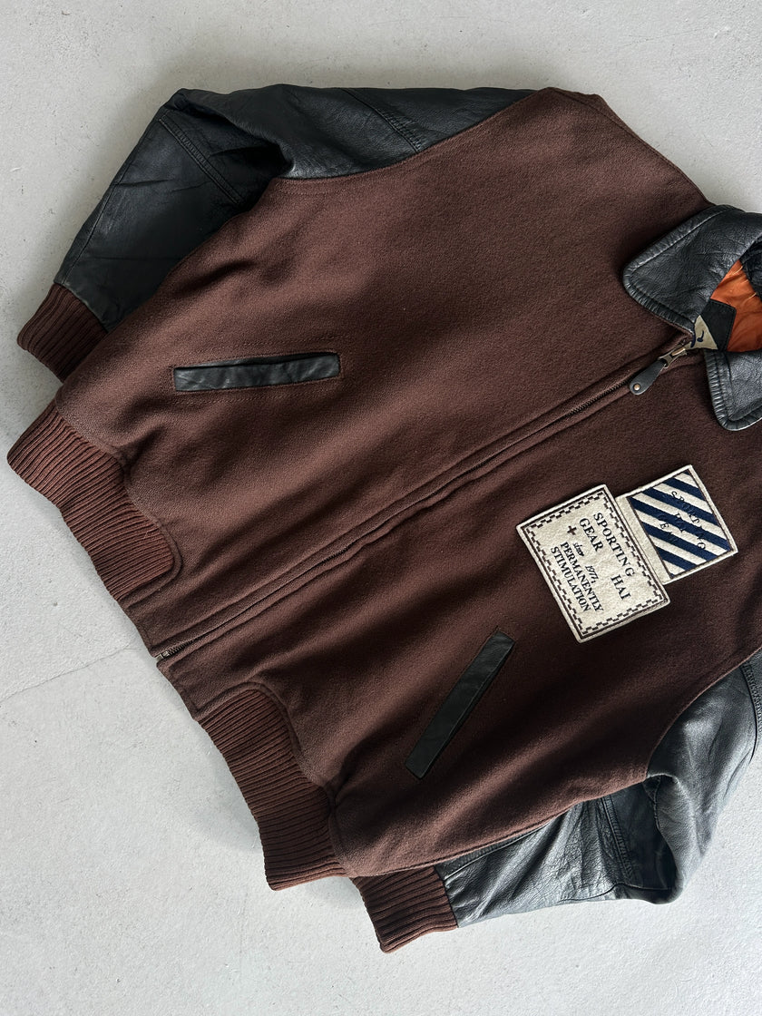 ISSEY MIYAKE HAI - A/W 1993 BOMBER JACKET WITH CONTRASTING LEATHER SLEEVE AND COLLAR