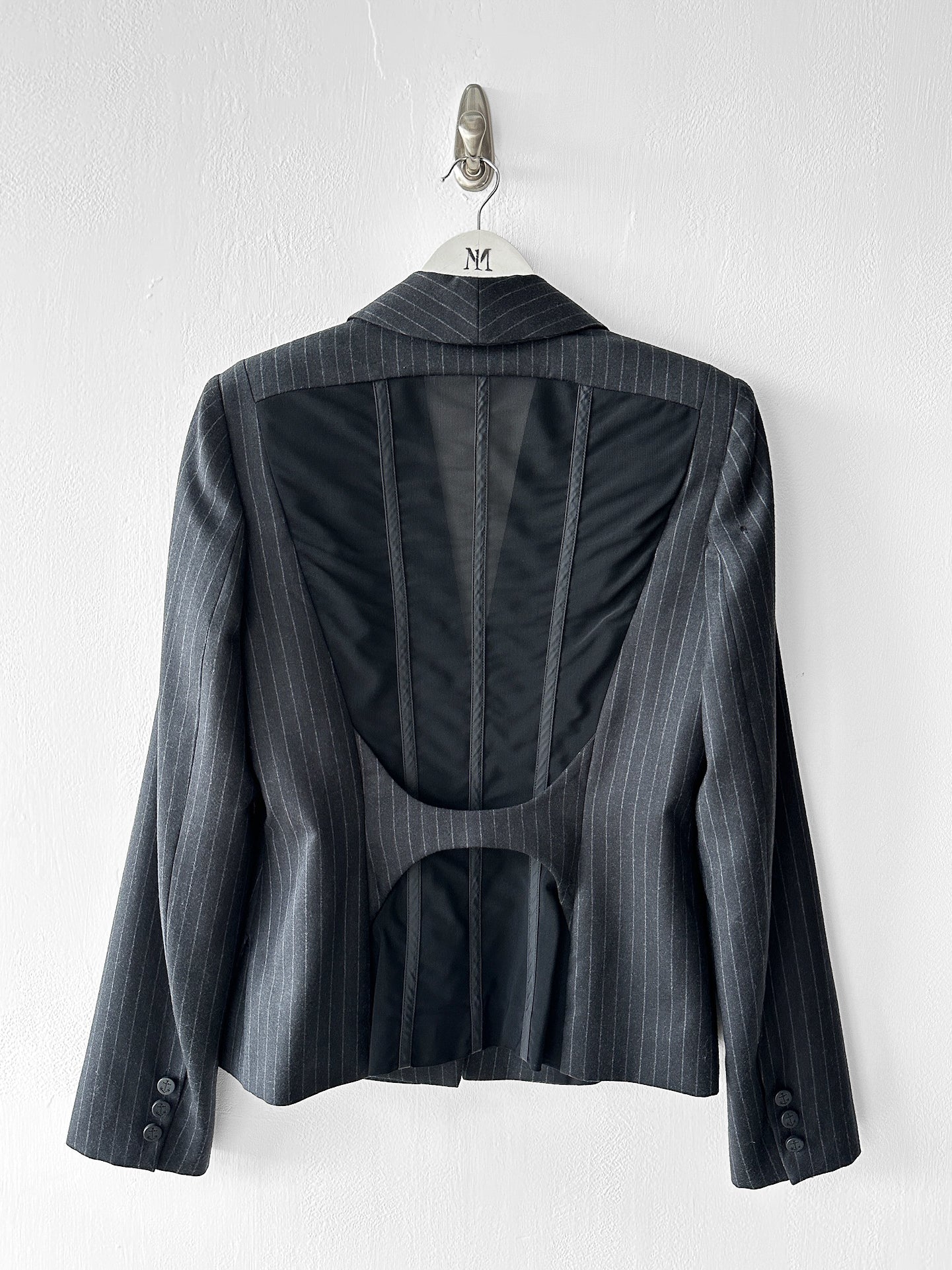 GAETANO NAVARRA - circa 2013 PINSTRIPE TAILORED BLAZER WITH DECONSTRUCTED MESH BACK