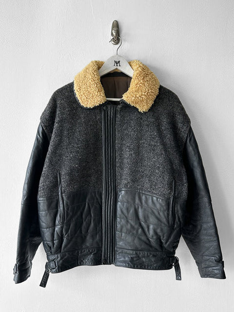 ITALIAN LABEL - 1980s PANELLED WOOL BOMBER JACKET WITH REMOVABLE SHEARLING COLLAR