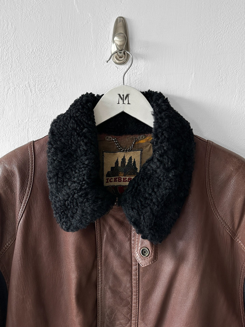 ICEBERG - 1980s LEATHER BOMBER JACKET WITH SHEARLING COLLAR