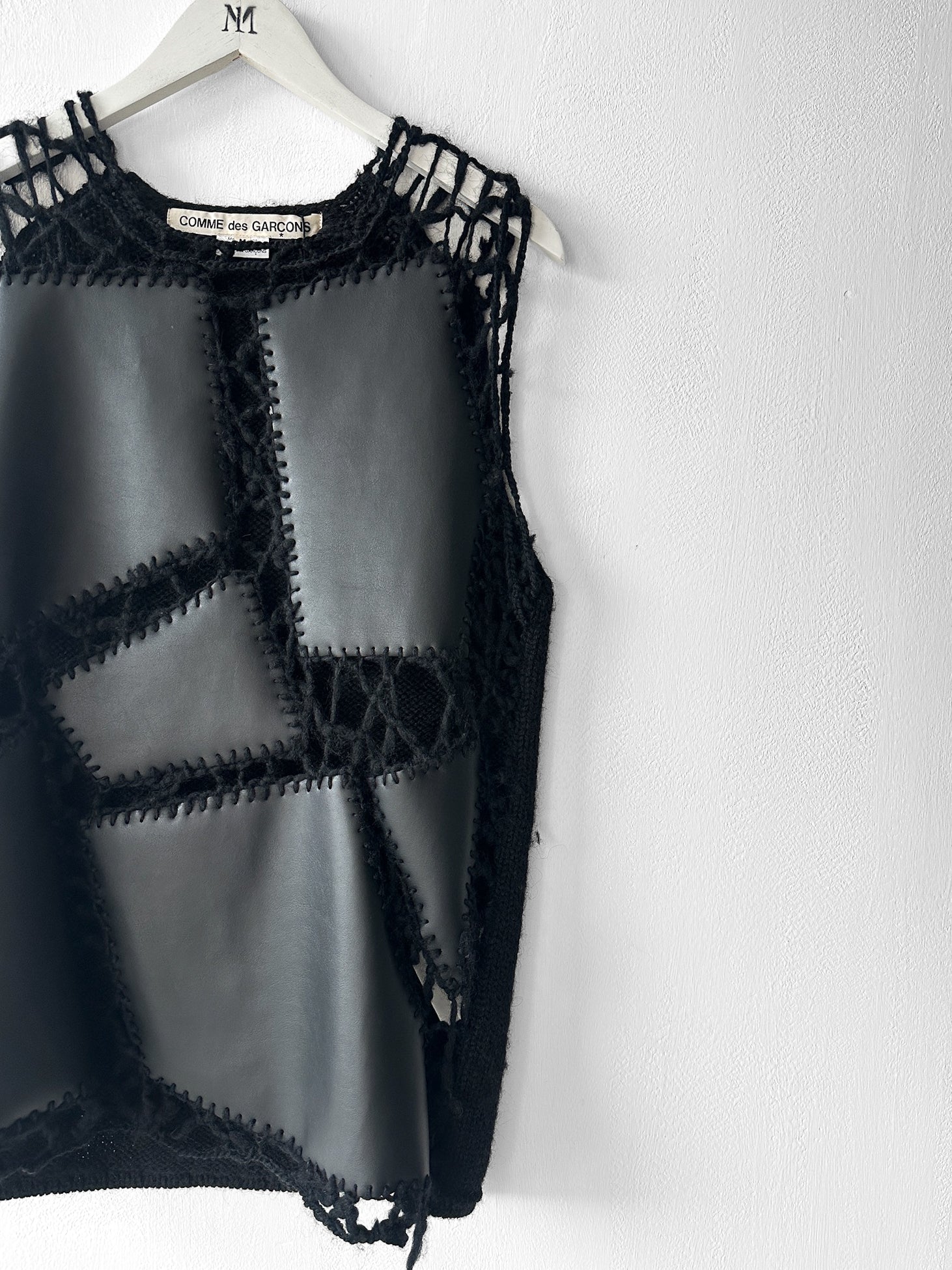 COMME DES GARÇONS - F/W 2024 DECONSTRUCTED CROCHET VEST TOP WITH FAUX LEATHER APPLIQUÉS