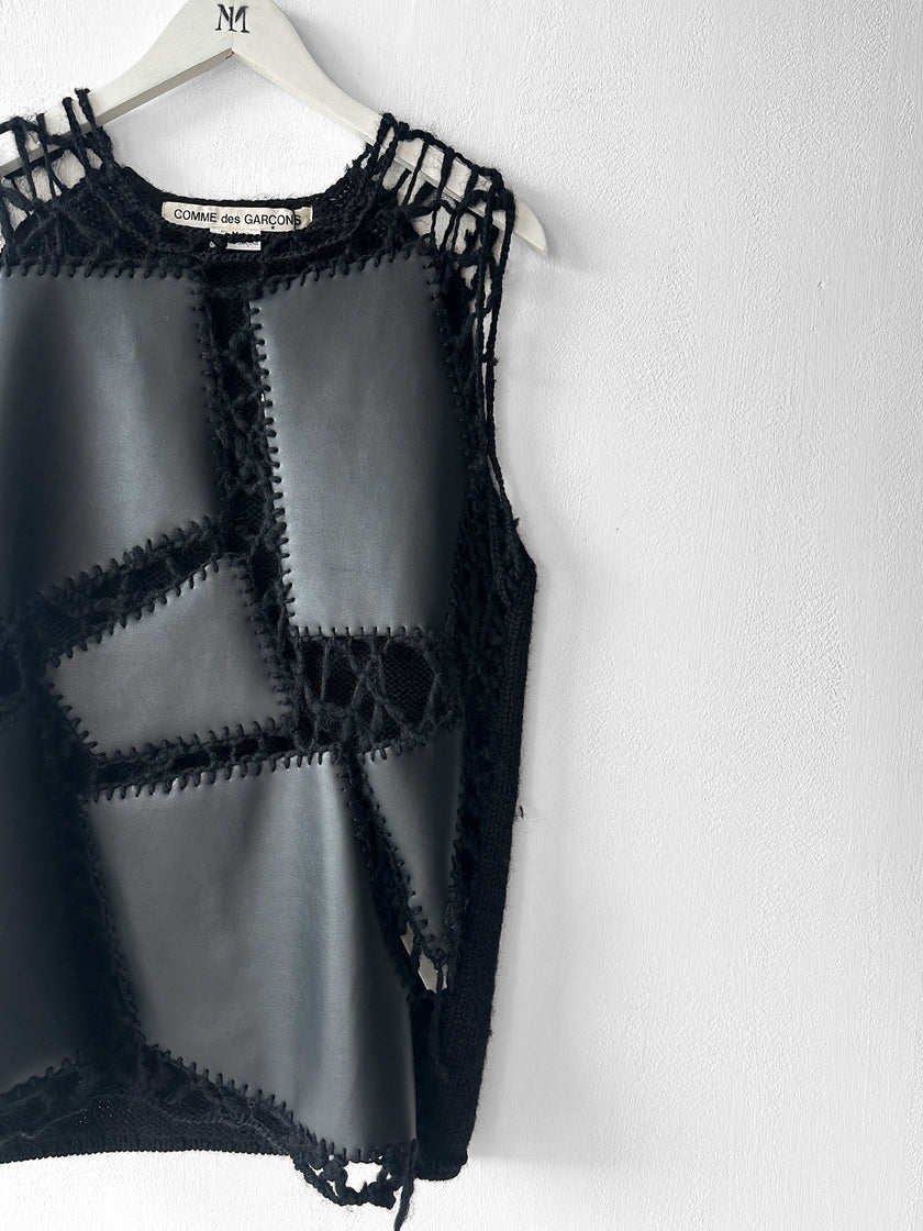 COMME DES GARÇONS - F/W 2024 DECONSTRUCTED CROCHET VEST TOP WITH FAUX LEATHER APPLIQUÉS