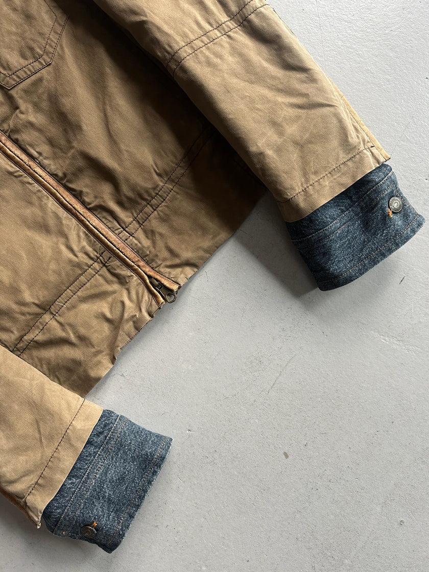 DSQUARED2 - F/W 2002 HOMELESS COLLECTION LAYERED DENIM SLEEVE JACKET WITH LEATHER DETAILS